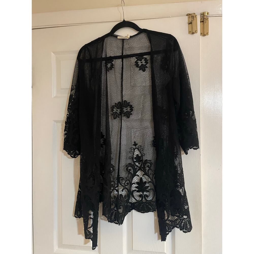 Black sheer lacey whimsy goth fairy 3/4 sleeve cover up open cardigan One size